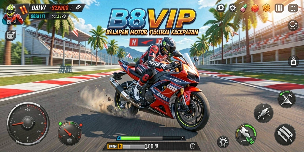 Tampilan gameplay B8VIP yang mendebarkan saat balapan motor.