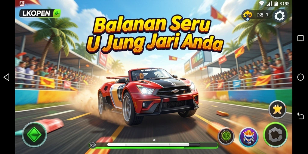 Tampilan gameplay LKOPEN dengan aksi balapan yang mendebarkan dan kendaraan beragam.