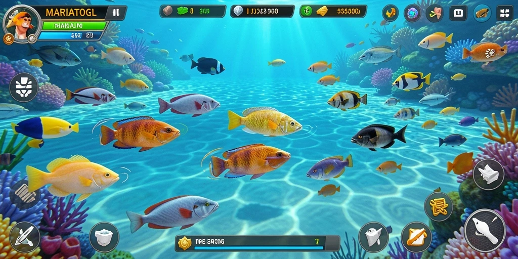 Screenshot gameplay MARIATOGL menunjukkan keseruan menembak ikan.