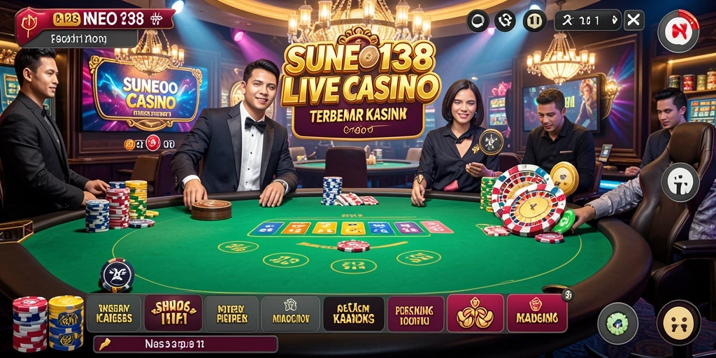 Screenshot SUNEO138 menunjukkan dealer live sedang berinteraksi dengan pemain di permainan kasino.
