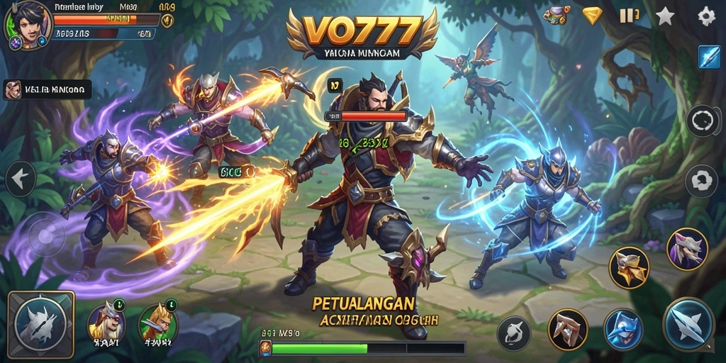 Screenshot utama VO777 menampilkan pertarungan epik di dunia fantasi.