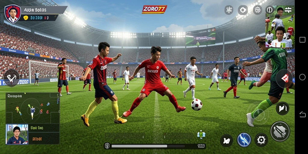 Screenshot utama ZORO77 menampilkan aksi permainan sepak bola yang mendebarkan.